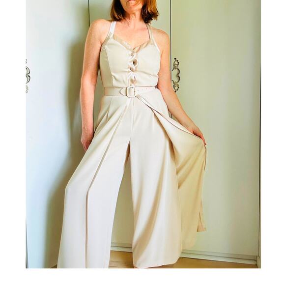 Vintage 90s Beige Nude Formal Jumpsuit Size 6 | Elegant Cocktail Evening - Picture 4 of 13
